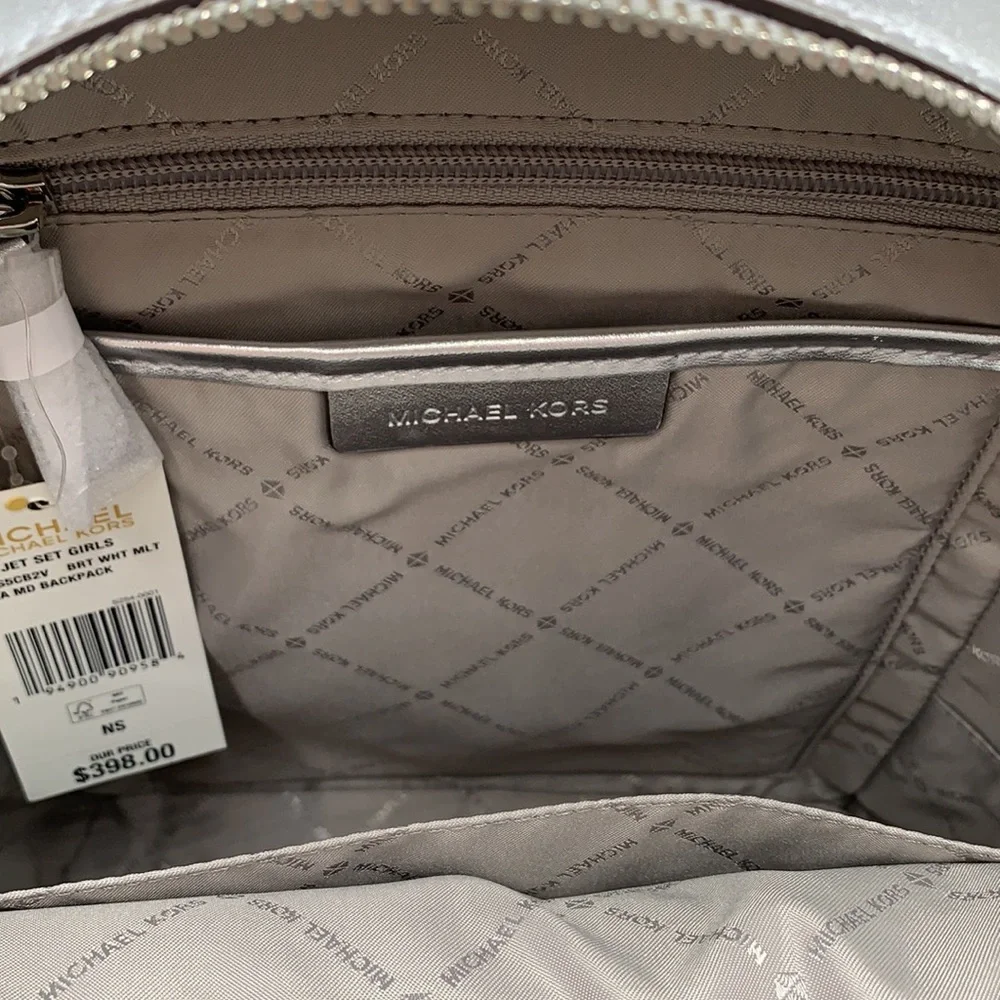 Michael Kors Jet Set Girls Adina Medium Backpack MK Bright White Silver Multi - Picture 15 of 16